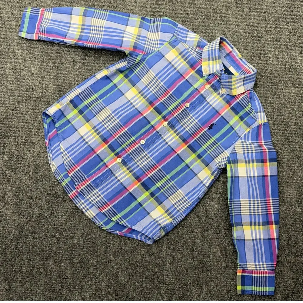 Ralph Lauren Boys Shirt 4/4T Blue Plaid Cotton Button Up Pony Logo